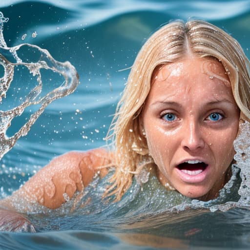  tanned blonde woman's face is in the water she's panic a lot of water waves and splashes around her