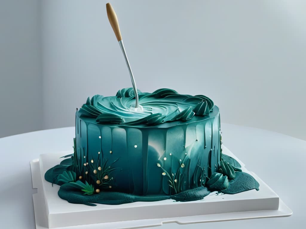  A closeup, ultradetailed image of a hand holding a small, delicate paintbrush, dipped in vibrant edible paint, delicately applying intricate brushstrokes onto a smooth, pristine white fondant cake. The paint glistens under a soft, focused spotlight, highlighting the precision and artistry of the painter's hand as it creates a mesmerizing pattern on the cake's surface. The colors are rich and captivating, contrasting beautifully against the purity of the cake's surface, showcasing the modern techniques and artistic finesse of edible painting. hyperrealistic, full body, detailed clothing, highly detailed, cinematic lighting, stunningly beautiful, intricate, sharp focus, f/1. 8, 85mm, (centered image composition), (professionally color graded), ((bright soft diffused light)), volumetric fog, trending on instagram, trending on tumblr, HDR 4K, 8K