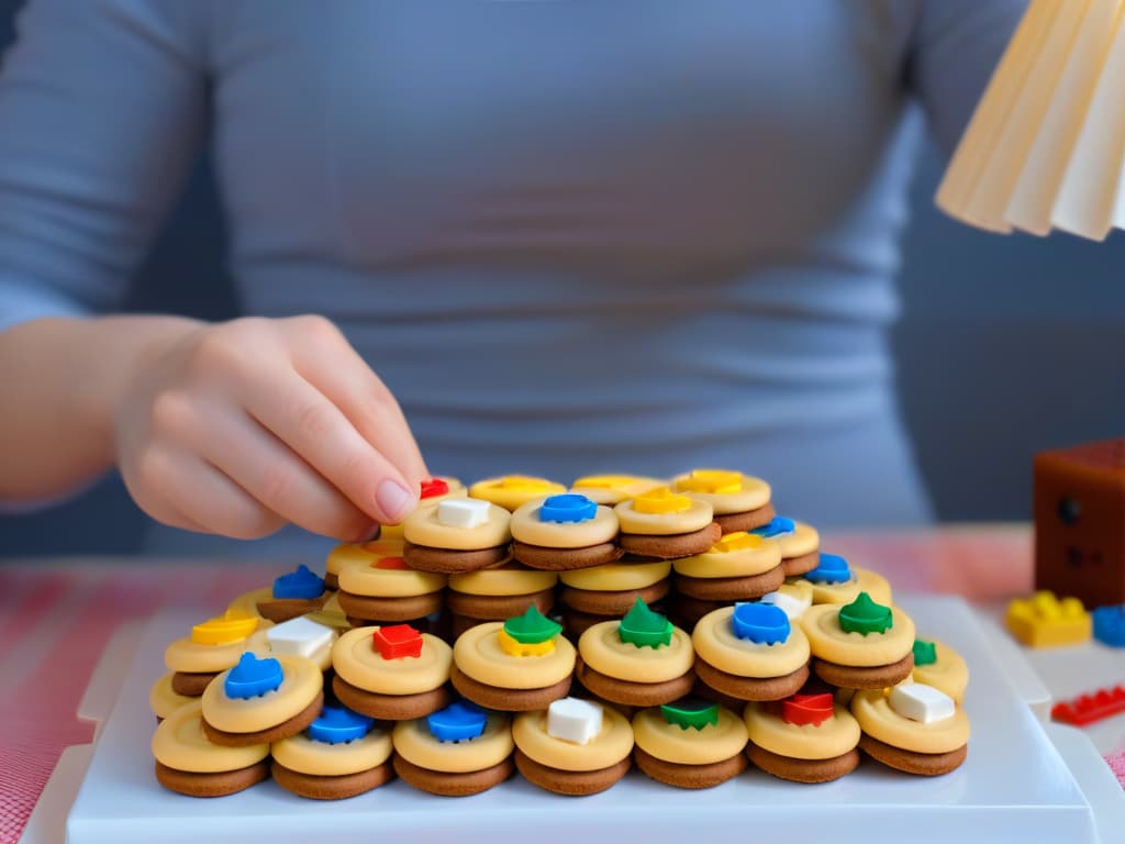  An 8k ultradetailed image of a young with a bright smile, sitting at a table covered in colorful Legoshaped cookies. The 's hands are ly stacking the cookies to create a mini edible Lego tower, showcasing the joy and creativity of using Lego cookies for fun activities. The cookies are meticulously designed to resemble clic Lego blocks, with vint icing in primary colors, adding a and engaging touch to the scene. The background is blurred to keep the focus on the and the delightful Lego cookie creations. hyperrealistic, full body, detailed clothing, highly detailed, cinematic lighting, stunningly beautiful, intricate, sharp focus, f/1. 8, 85mm, (centered image composition), (professionally color graded), ((bright soft diffused light)), volumetric fog, trending on instagram, trending on tumblr, HDR 4K, 8K