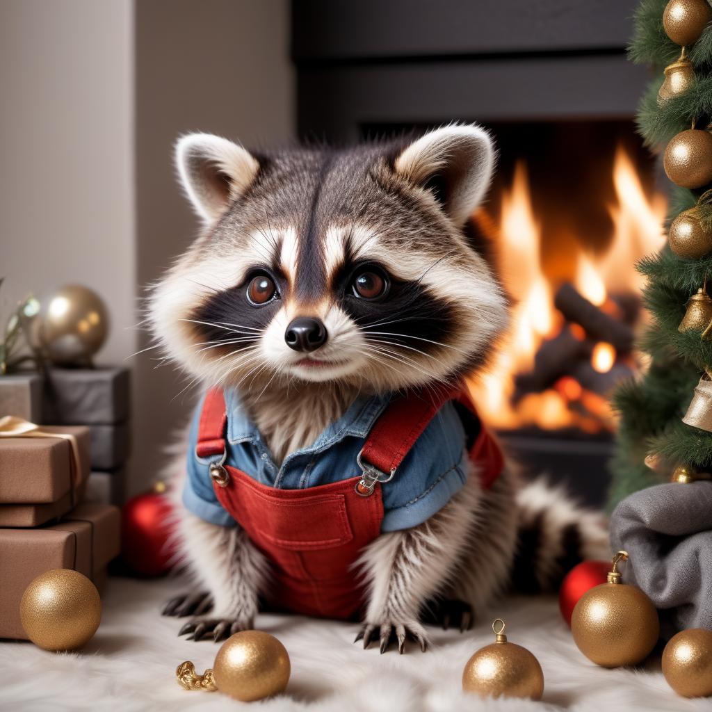  A miniature raccoon the size of a grain with huge round expressive eyes of a tricolor Persian, dressed in overalls and booties, stands in a cozy room by the fireplace, holding garlands in his hands, realistic, professional photo, high resolution, high detail, drawing, real photo!