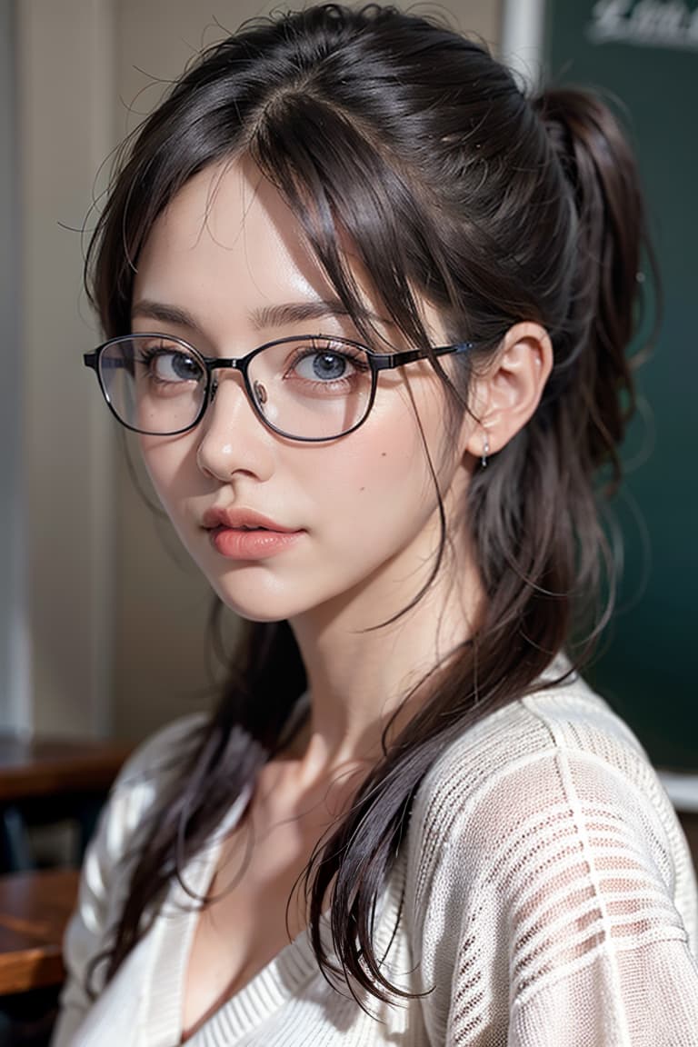  ultra high res, (photorealistic:1.4), raw photo, (realistic face), realistic eyes, (realistic skin), <lora:XXMix9_v20LoRa:0.8>, ((((masterpiece)))), best quality, very_high_resolution, ultra-detailed, in-frame, black hair, ponytail, glasses, middle-aged woman, struggling, holding a mechanical pencil, spacious classroom, plain knit sweater