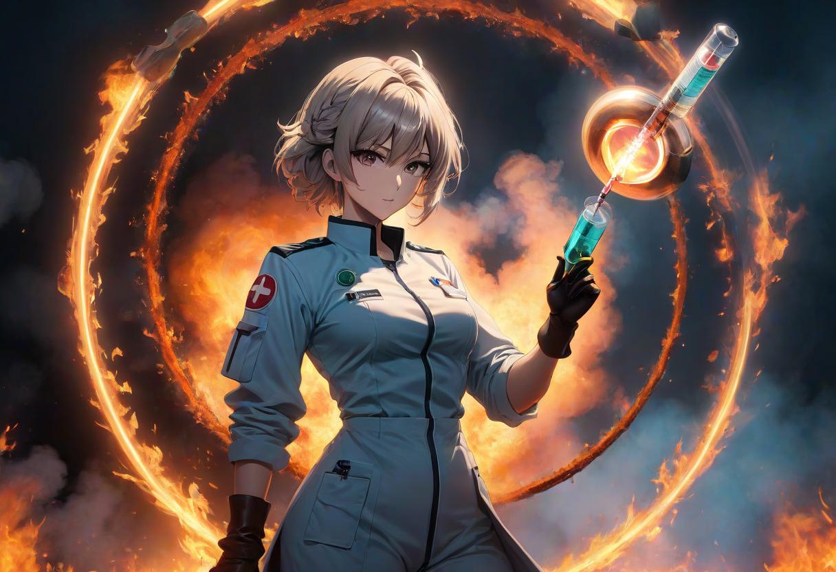  anime artwork Chief surgeon with syringe and needle, in a blazing circle . anime style, key visual, vibrant, studio anime, highly detailed hyperrealistic, full body, detailed clothing, highly detailed, cinematic lighting, stunningly beautiful, intricate, sharp focus, f/1. 8, 85mm, (centered image composition), (professionally color graded), ((bright soft diffused light)), volumetric fog, trending on instagram, trending on tumblr, HDR 4K, 8K