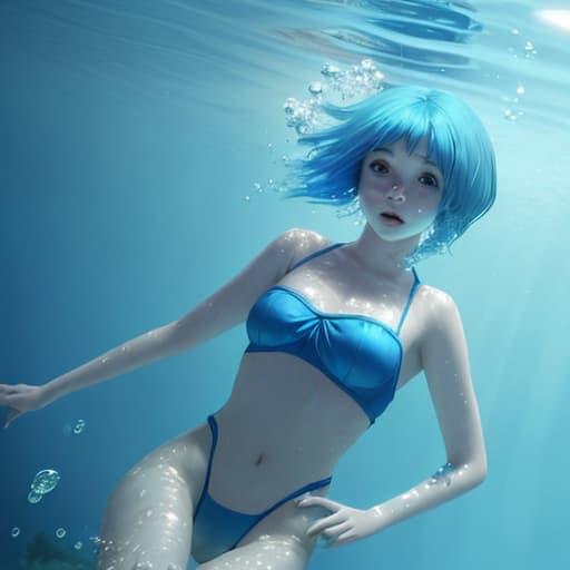  A girl under water with short blue hair no reaciton