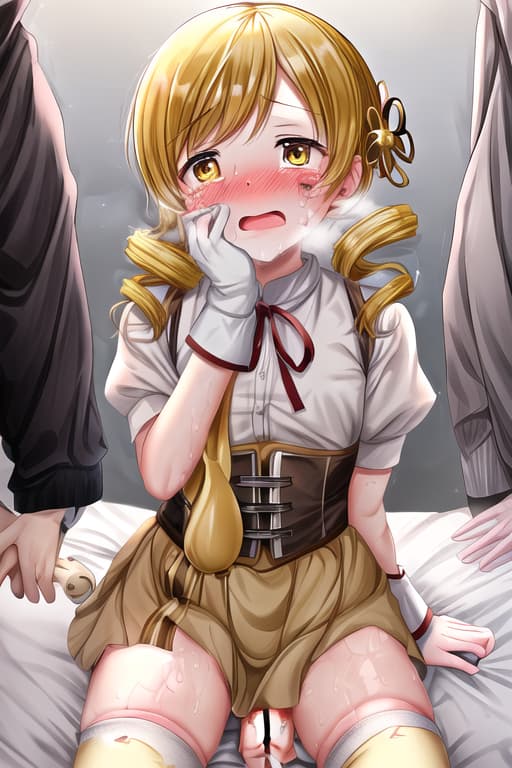  tomoe mami,,face covered in,in puella magi madoka magica style ,short long hair,bangs are side parted hair,yellow hair,drill hair,tie her hair low at the back of her head,wearing torn,yellow neck ribbon ,light brown mini,corset,knee-high socks,long boots,mini cap,huge,yellow eyes,lie in bed,profuse sweat,disliked face,cry out,2 men and 1 women,faceless male,1 man have 1,having,,,,she has a inserted,mmf threesome,handjob,輪姦,レイプ,drips from the face,background of idol stage,2,handjob,ejaculate on face,lots of,lots of,on clothes,on hair,,she is stunned by being covered in,