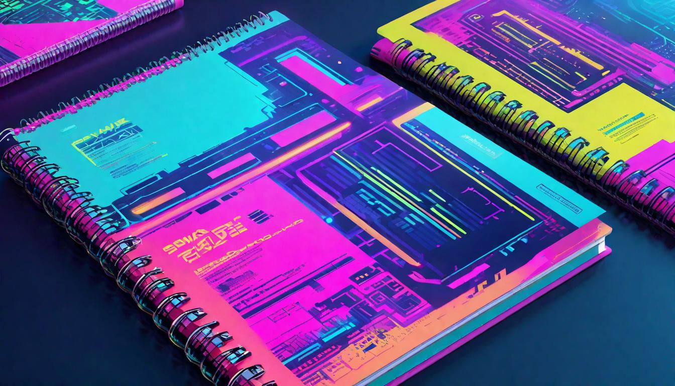  vaporwave,cyberpunk game style Spiral notebook with pages turning, capturing the dynamic, ongoing process of setting and reevaluating boundaries. Pages fluttering, pen ready, mood of evolution, commitment to growth.eon, dystopian, futuristic, digital, vibrant, detailed, high contrast, reminiscent of cyberpunk genre video games,retro aesthetic, cyberpunk, vibrant, neon colors, vintage 80s and 90s style, highly detailed