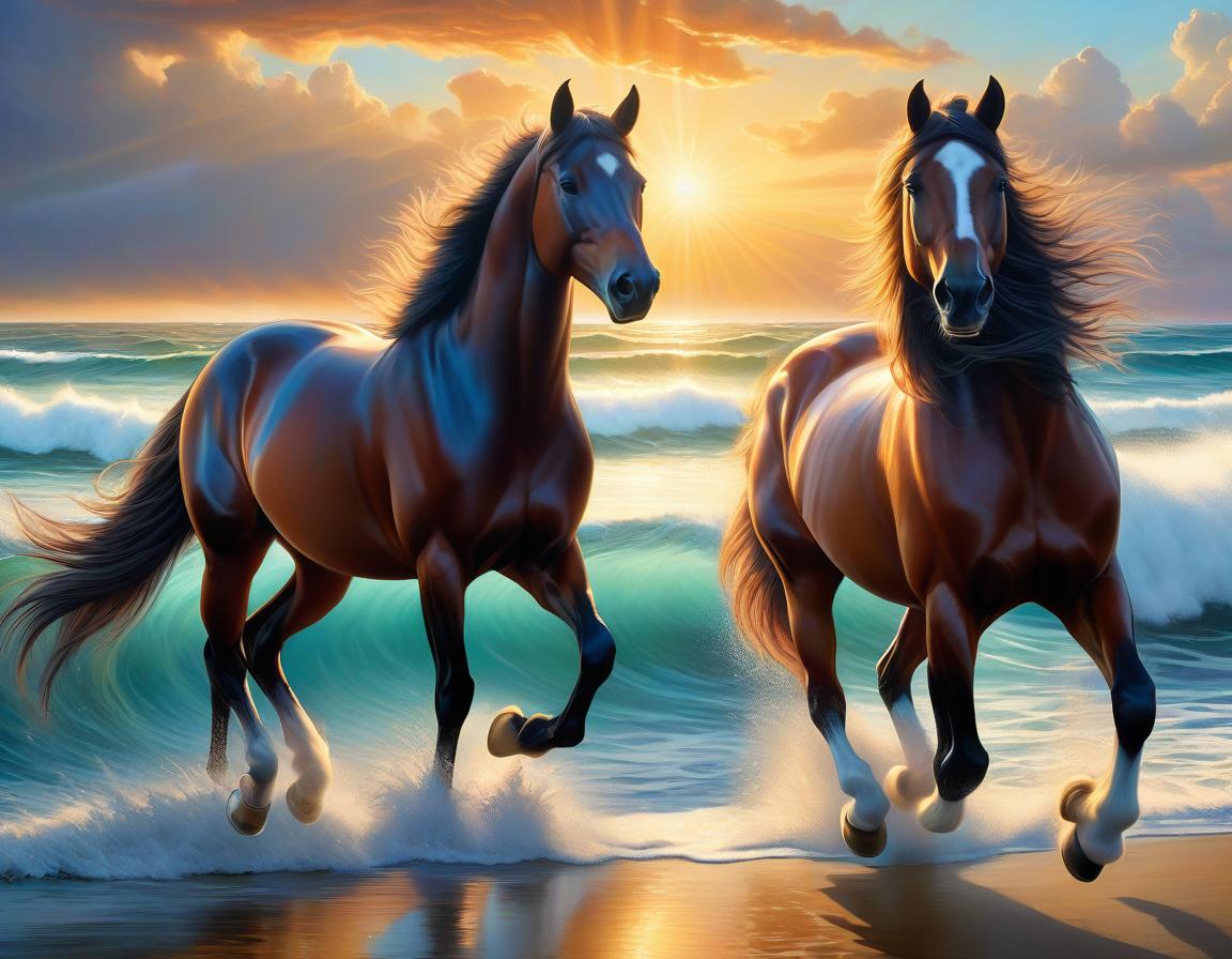  Art by Julie Dillon, Detailed photo in ultra HD, beautiful horses by the sea, natural light, rays, very beautiful, nature's magic, surrealistic, fantasy, hyper realistic, bright colors, high detail, beautiful detailed complex insanely detailed octane render, 8K artistic photography, soft natural volumetric cinematic perfect light, ultra HD, realistic, bright colors, large scale magic saturated richness, otherworldly background, harmony of imagination, spirit ink colors by Mark Simonetti, Alberto Seveso, Kim Kiwer, Jeremy Geddes, Gediminas Pranckevicius, Igor Ozhigin, Thomas Kinkade, Jean Baptist Mongen, James Christensen, cinematic lighting, 8K resolution, concept art, splash art. Pop surrealism, whimsical, intricate, precise focus. Jean Ba hyperrealistic, full body, detailed clothing, highly detailed, cinematic lighting, stunningly beautiful, intricate, sharp focus, f/1. 8, 85mm, (centered image composition), (professionally color graded), ((bright soft diffused light)), volumetric fog, trending on instagram, trending on tumblr, HDR 4K, 8K