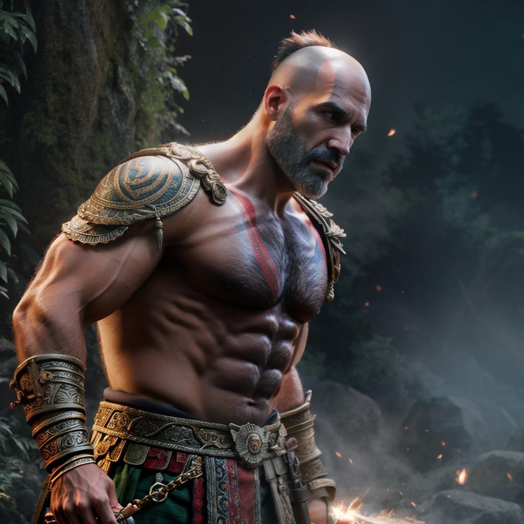  God of war hyperrealistic, full body, detailed clothing, highly detailed, cinematic lighting, stunningly beautiful, intricate, sharp focus, f/1. 8, 85mm, (centered image composition), (professionally color graded), ((bright soft diffused light)), volumetric fog, trending on instagram, trending on tumblr, HDR 4K, 8K