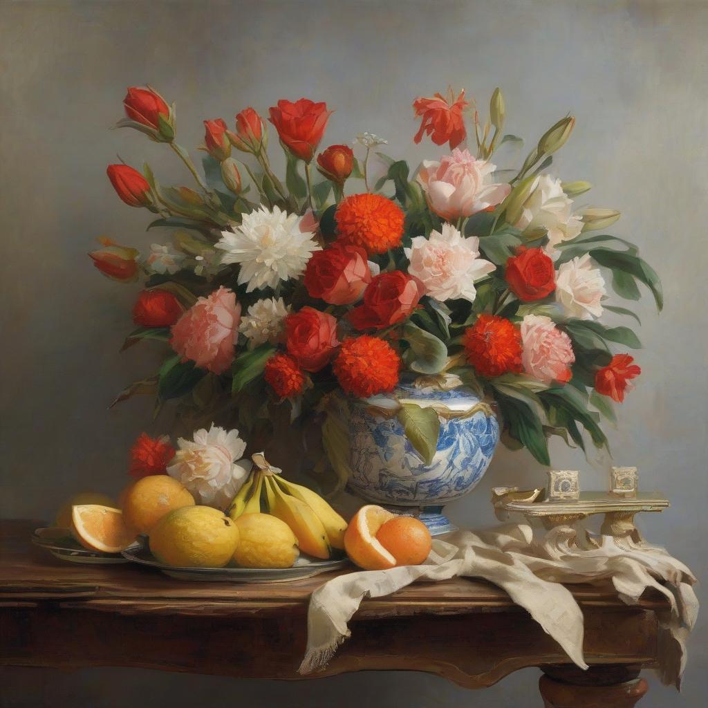  (One banana, one orange, and one pineapple) stand on an antique table, (next to it is a vase with white lilies and red roses), still life, Dutch painting from the 17th century, high brushstroke detail. hyperrealistic, full body, detailed clothing, highly detailed, cinematic lighting, stunningly beautiful, intricate, sharp focus, f/1. 8, 85mm, (centered image composition), (professionally color graded), ((bright soft diffused light)), volumetric fog, trending on instagram, trending on tumblr, HDR 4K, 8K