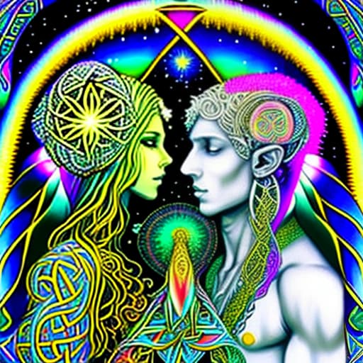 estilovintedois Amaiyah dimensions mythical creatures psychedelic cosmos galaxy rainbow stars 432 hz love silver gold cooper love tribal glyphes Celtic runes crystals Waterfall fantasy rainbow a sacred couple of a male men and a female woman elves angels with 2 wings in the cosmos represented together DNA symmetrical image representation vortex sacred geometry