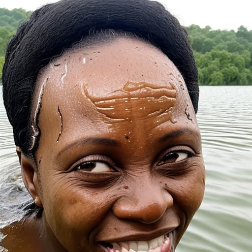  african woman's forehead drowning in the lake