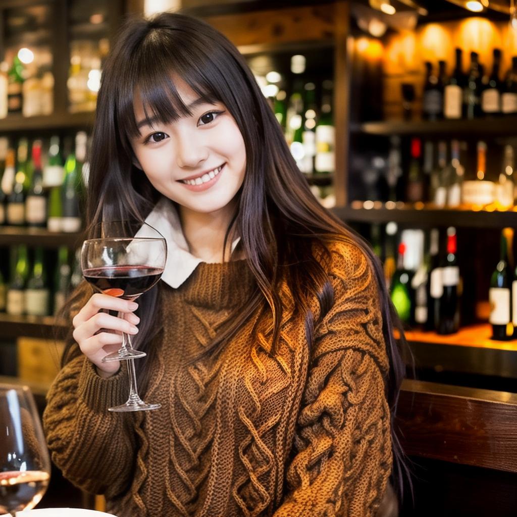  a realistic photo of a young Japanese woman, aged 25, with long dark brown hair with bangs and black eyes, 160cm tall, smiling, wearing white knitwear, at a dark and atmospheric luxurious French restaurant, dinner dishes, wine glass