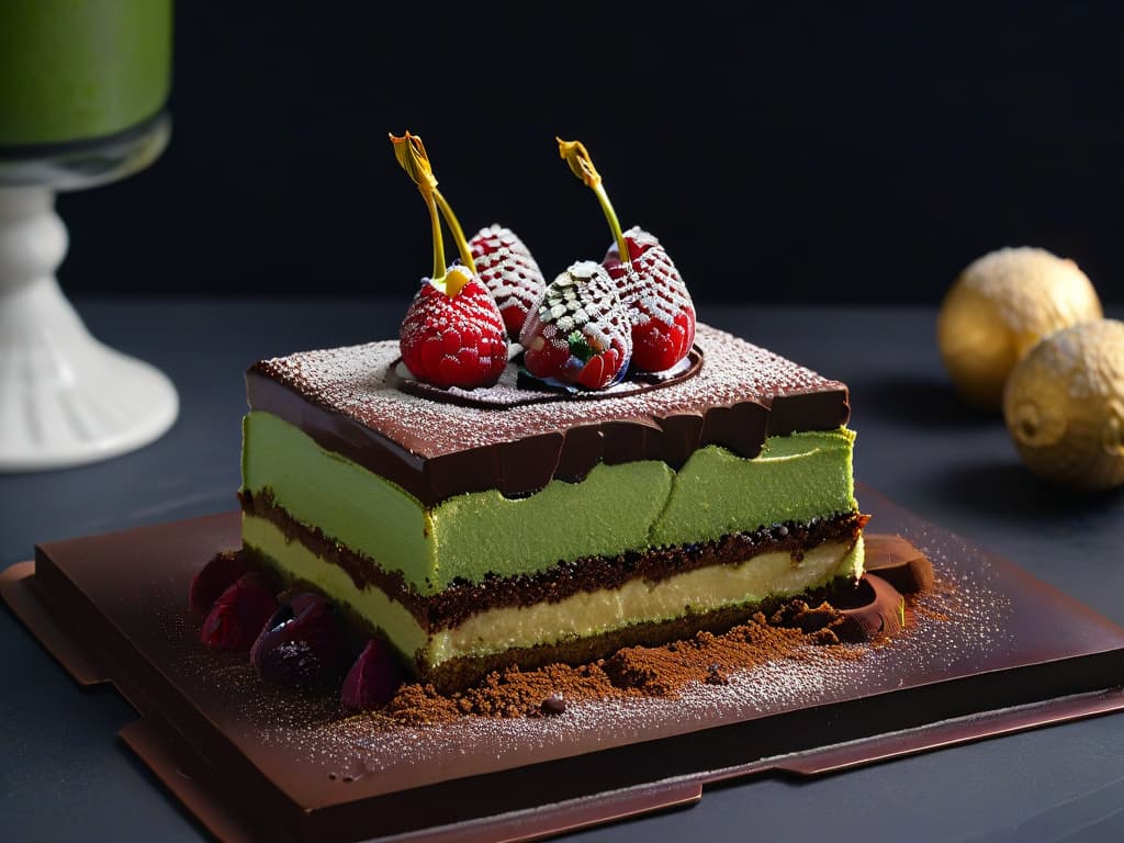  A minimalist image of a decadent dessert fusion: a delicate matcha green tea tiramisu layered with rich dark chocolate ganache, garnished with edible gold leaf and fresh raspberries, presented on a sleek white plate against a simple black backdrop. The dessert is artfully plated, showcasing layers of vibrant green and deep chocolate brown, embodying the concept of unexpected flavor combinations in a visually striking and elegant way. hyperrealistic, full body, detailed clothing, highly detailed, cinematic lighting, stunningly beautiful, intricate, sharp focus, f/1. 8, 85mm, (centered image composition), (professionally color graded), ((bright soft diffused light)), volumetric fog, trending on instagram, trending on tumblr, HDR 4K, 8K