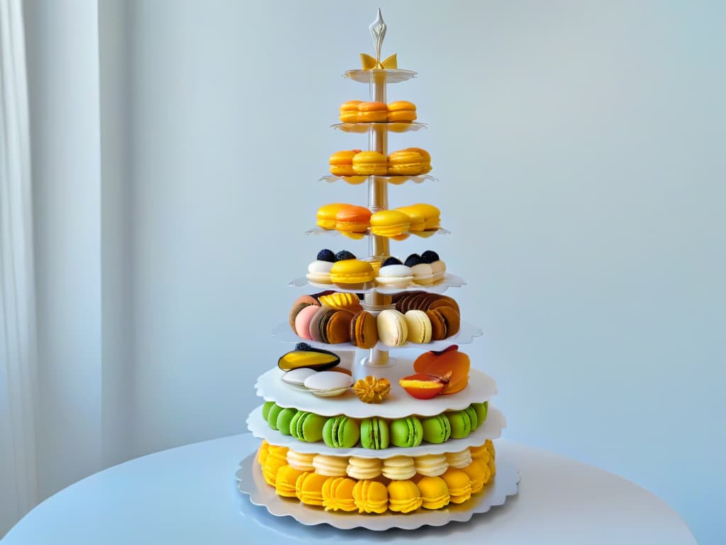  An ultradetailed image of a perfectly balanced macaron tower showcasing a variety of flavors and colors, with each delicate pastry meticulously placed on top of one another. The macarons are elegantly decorated with intricate patterns and garnishes, set against a clean, white background to emphasize their flawless and artful presentation. Each detail of the macarons is crisp and vibrant, highlighting the harmony of sweet, acidic, salty, and bitter flavors in a visually stunning and minimalistic composition. hyperrealistic, full body, detailed clothing, highly detailed, cinematic lighting, stunningly beautiful, intricate, sharp focus, f/1. 8, 85mm, (centered image composition), (professionally color graded), ((bright soft diffused light)), volumetric fog, trending on instagram, trending on tumblr, HDR 4K, 8K