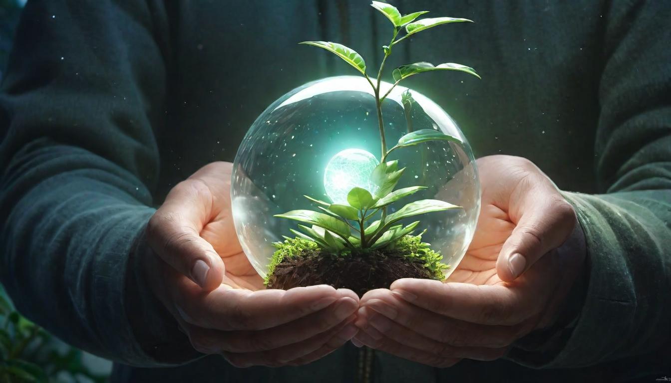  digital illustration Hands shaping a luminescent orb, soft light enveloping a small plant growing from within, nurturing, protection, fostering growth, light of guidance, tender care, flourishing under guidance looking at viewer, dynamic pose, (intricate details, masterpiece, best quality)