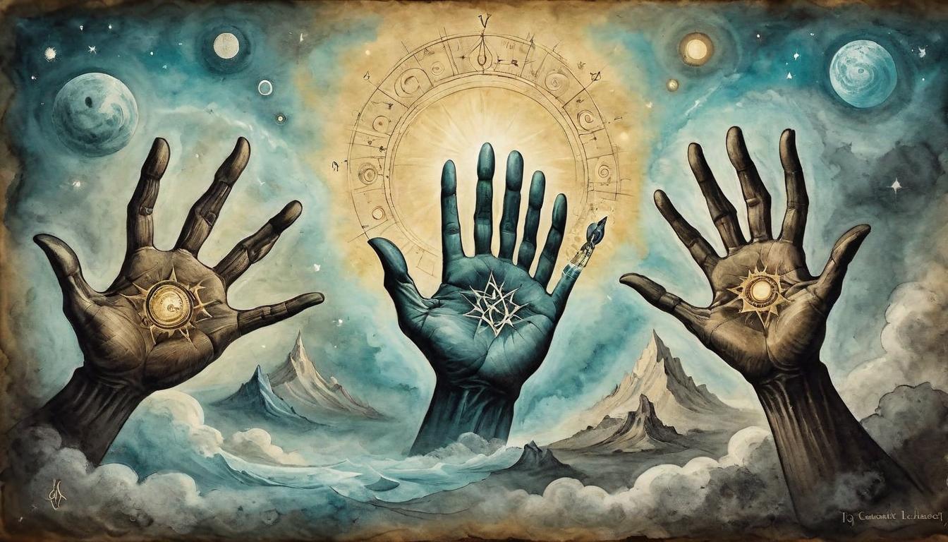  on parchment, surrealism+++, Hands channeling cosmic energy, molding surroundings, real changes taking place, focused expression, profound influence, tangible impact, power of energy(mysterious, provocative, symbolic,muted color)+++