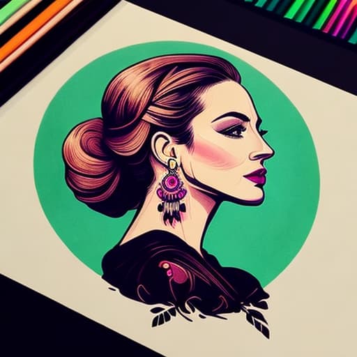  This is a 2D ink drawing of a woman’s profile featuring a colourful silhouette of her head. A pencil is artfully placed behind her ear, adding an extra touch of detail to the artwork. made as a logo.