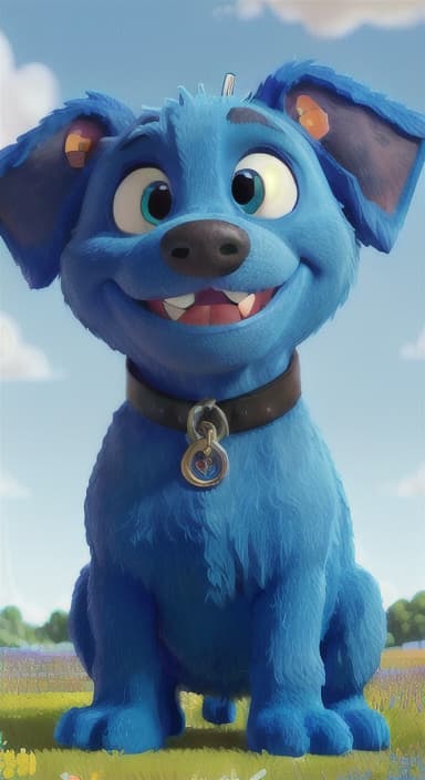  {A happy, big blue dog wagging its tail in a colorful meadow, The big blue dog is large with sky blue fur, big round eyes, a black nose, and floppy ears.