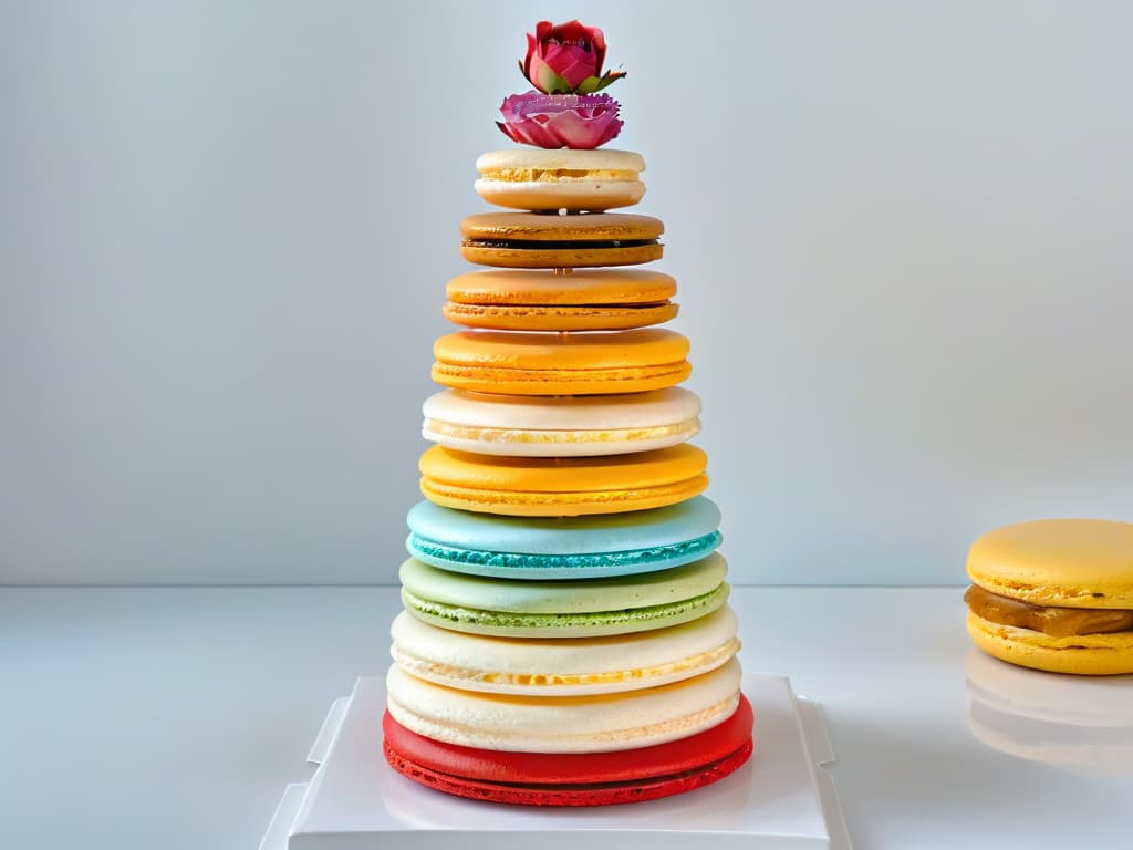  An ultradetailed image of a delicate macaron tower, each colorful macaron infused with a different essential oil flavor, showcasing a variety of textures and colors against a clean, minimalist backdrop to convey a sense of sophistication and artistry in pastry making. hyperrealistic, full body, detailed clothing, highly detailed, cinematic lighting, stunningly beautiful, intricate, sharp focus, f/1. 8, 85mm, (centered image composition), (professionally color graded), ((bright soft diffused light)), volumetric fog, trending on instagram, trending on tumblr, HDR 4K, 8K