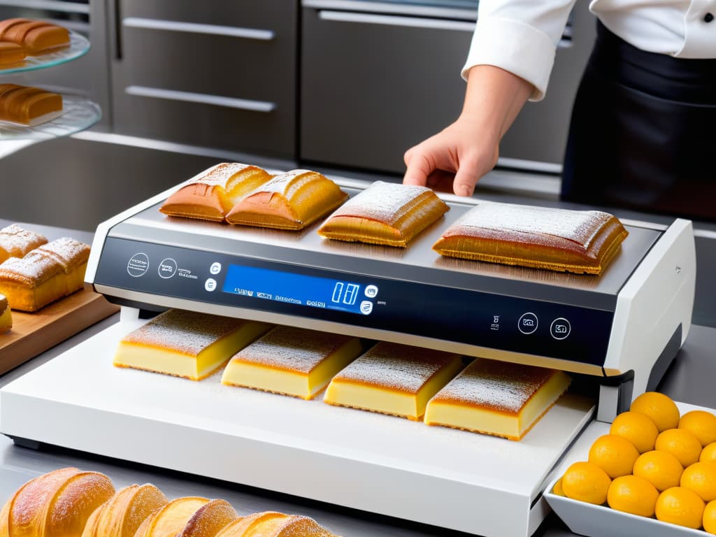  A closeup, photorealistic image of a sleek, modern vacuum sealer in action, perfectly sealing a variety of freshly baked pastries into airtight packages. The machine's digital display shows the precise vacuum pressure and sealing time, while the pastries glisten with a hint of steam rising from their warm interiors. The background features a bustling bakery kitchen, with chefs skillfully crafting more treats, adding to the vibrant and professional atmosphere of the scene. hyperrealistic, full body, detailed clothing, highly detailed, cinematic lighting, stunningly beautiful, intricate, sharp focus, f/1. 8, 85mm, (centered image composition), (professionally color graded), ((bright soft diffused light)), volumetric fog, trending on instagram, trending on tumblr, HDR 4K, 8K