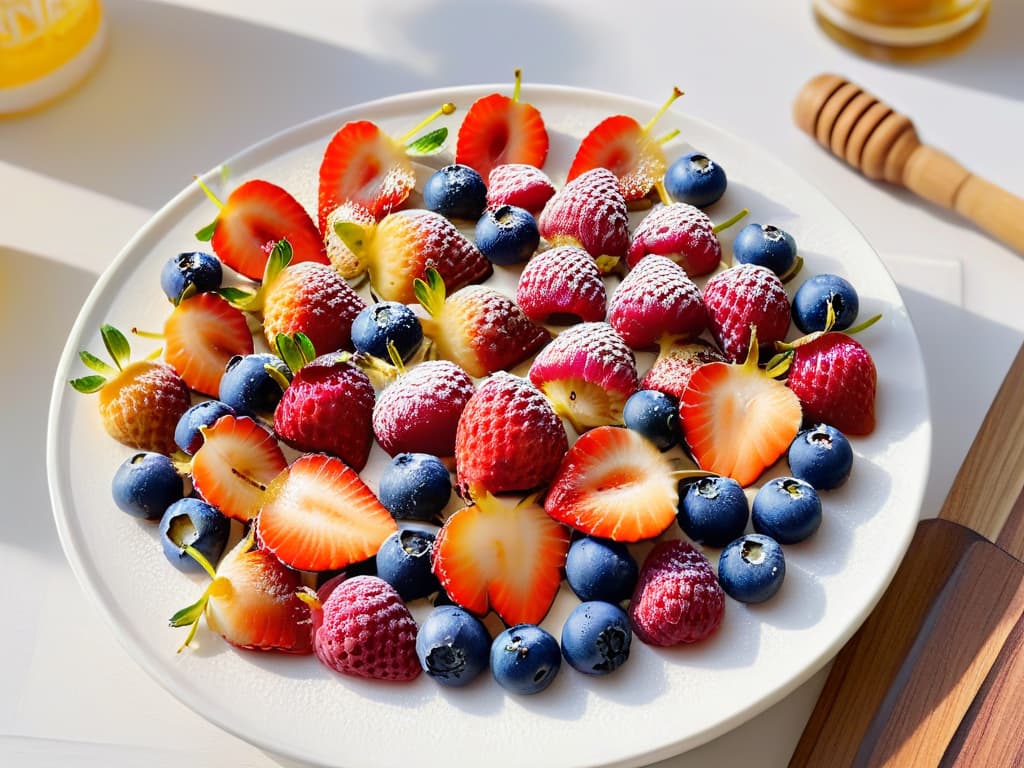  An ultradetailed image of a beautifully arranged dessert plate filled with vibrant, colorful fruits like strawberries, blueberries, and raspberries, drizzled with a glossy honey glaze, and sprinkled with finely chopped nuts, all set against a sleek, modern white background with soft, natural lighting enhancing the freshness and appeal of the diabeticfriendly dessert. hyperrealistic, full body, detailed clothing, highly detailed, cinematic lighting, stunningly beautiful, intricate, sharp focus, f/1. 8, 85mm, (centered image composition), (professionally color graded), ((bright soft diffused light)), volumetric fog, trending on instagram, trending on tumblr, HDR 4K, 8K