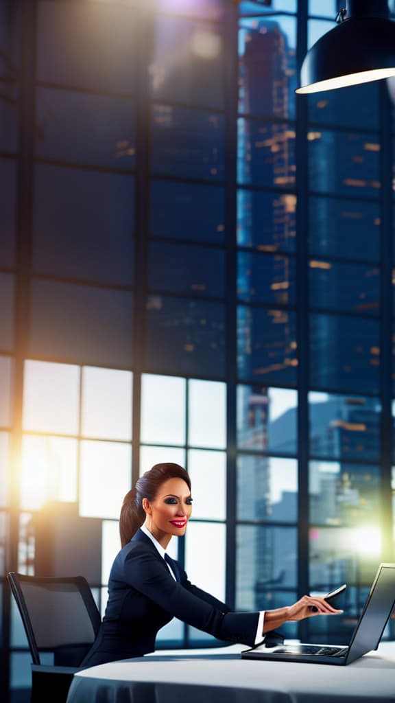  a business woman with suite, using laptop to marketing his business hyperrealistic, full body, detailed clothing, highly detailed, cinematic lighting, stunningly beautiful, intricate, sharp focus, f/1. 8, 85mm, (centered image composition), (professionally color graded), ((bright soft diffused light)), volumetric fog, trending on instagram, trending on tumblr, HDR 4K, 8K