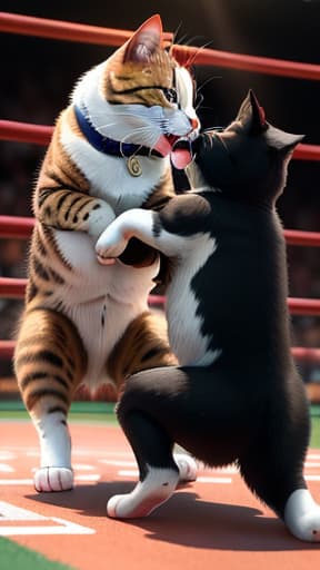  Pit pull with a cat fighting , hyperrealistic, high quality, highly detailed, perfect lighting, intricate, sharp focus, f/1. 8, 85mm, (centered image composition), (professionally color graded), ((bright soft diffused light)), trending on instagram, HDR 4K, 8K