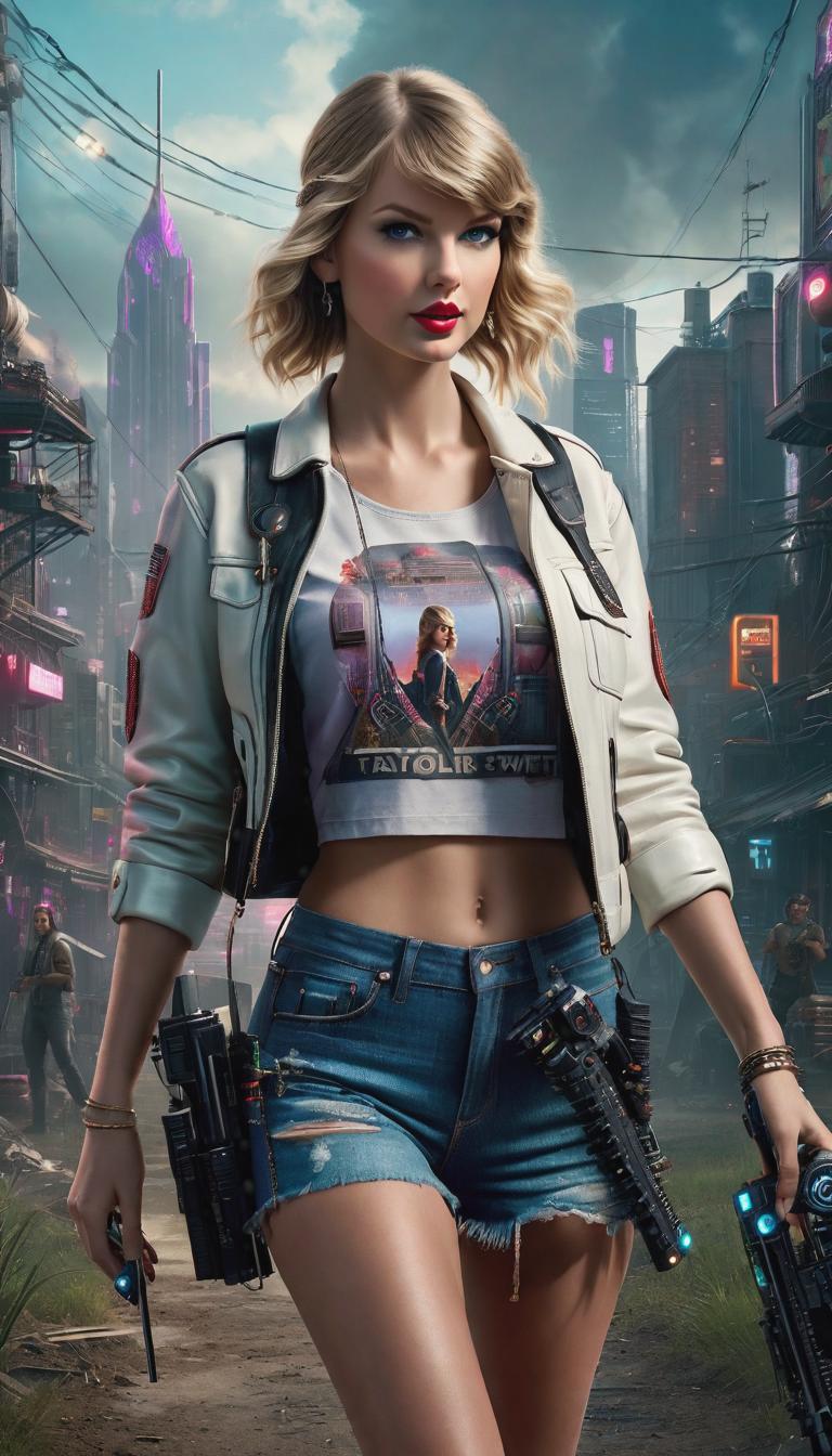  Cyberpunk style depiction of Taylor Swift as a country girl. The scene is set in a world where technology has advanced, but society and human conditions have not, creating a gritty, dystopian atmosphere. hyperrealistic, full body, detailed clothing, highly detailed, cinematic lighting, stunningly beautiful, intricate, sharp focus, f/1. 8, 85mm, (centered image composition), (professionally color graded), ((bright soft diffused light)), volumetric fog, trending on instagram, trending on tumblr, HDR 4K, 8K