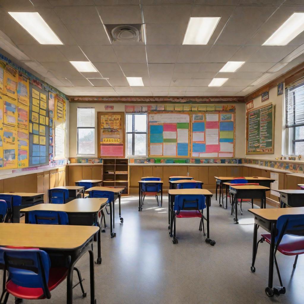  masterpiece, best quality, A dimly lit classroom with rows of desks and chairs neatly arranged. The walls are adorned with colorful educational posters, and a blackboard with chalk writings stands at the front. The atmosphere feels calm and focused, with a sense of anticipation in the air. The style is a realistic photograph, capturing the details of the classroom with precision. The lighting is soft and diffused, coming from large windows on one side of the room. The prompt is realized with a high-quality DSLR camera using a wide-angle lens to showcase the entire classroom.