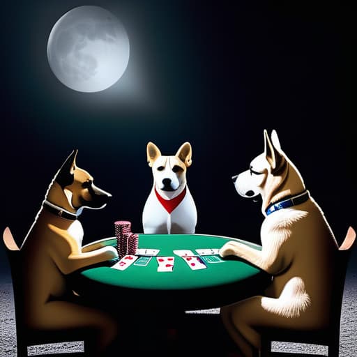  dogs playing poker on the moon hyperrealistic, full body, detailed clothing, highly detailed, cinematic lighting, stunningly beautiful, intricate, sharp focus, f/1. 8, 85mm, (centered image composition), (professionally color graded), ((bright soft diffused light)), volumetric fog, trending on instagram, trending on tumblr, HDR 4K, 8K