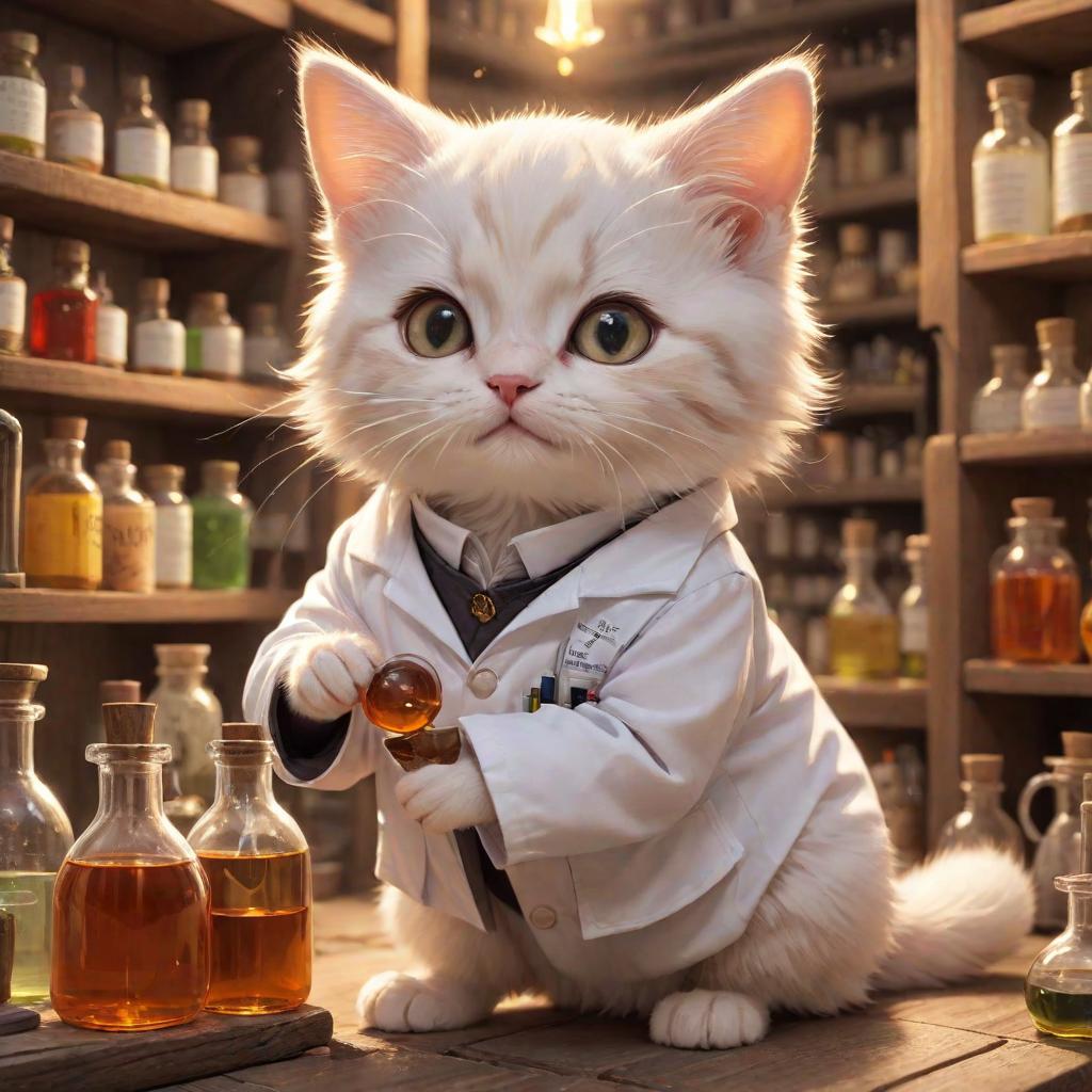  close up, Kitten Cheeseville, Soft Alchemical Glow, Curious and Inquisitive, Tiny and Nimble, Whiskers and Bright Eyes, Scientific Lab Coat with a Pocket Protector, Alchemical Laboratory with Potion filled Shelves, Chemist and Alchemist in the Mouse Lab