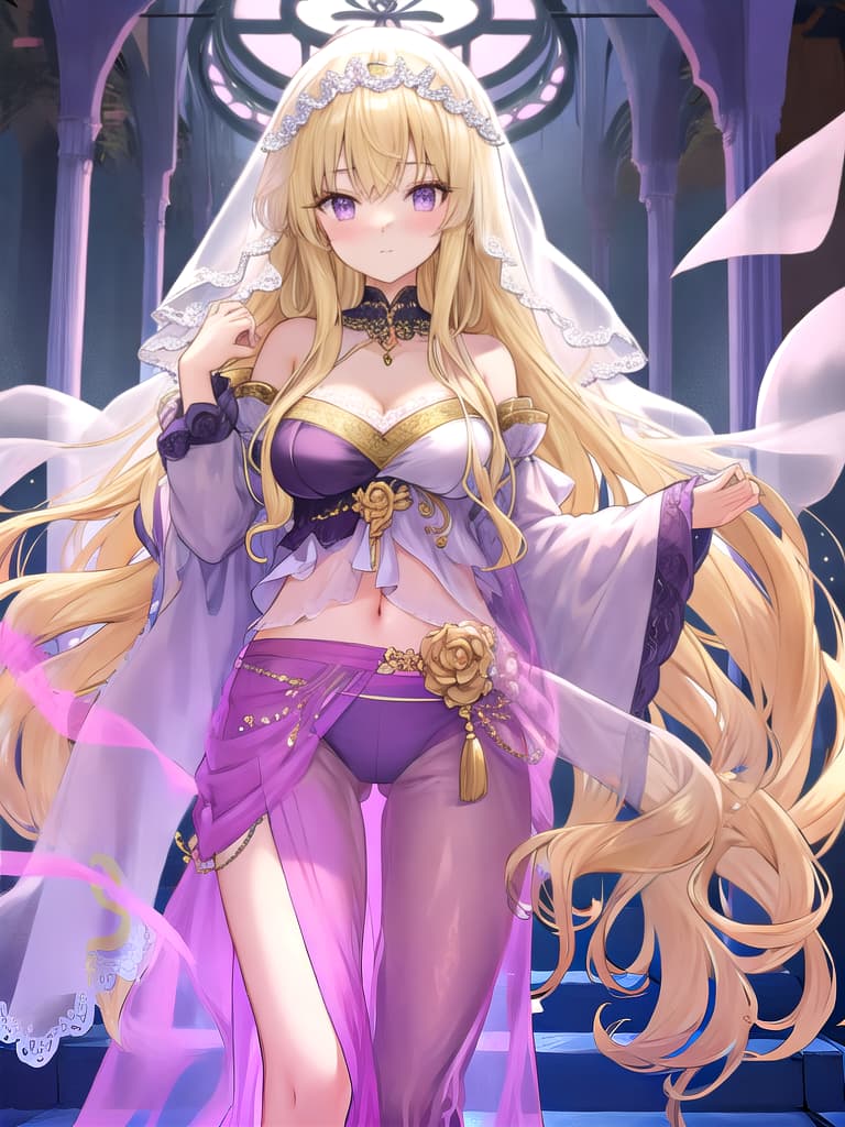  brunette  and blonde  hair  long purple veil  transparent harem pants
