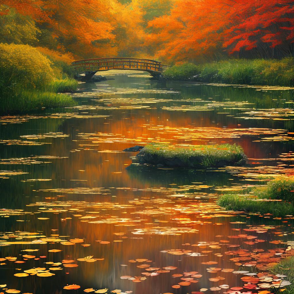  This masterpiece depicts a stunning autumn scene with vibrant red leaves and a flowing river. The artwork showcases the best quality and is rendered in 8k resolution, allowing for high and ultra-detailed visuals. The main subject of the scene is a serene river surrounded by trees with colorful leaves. The river is (gently flowing) and reflects the vivid red foliage. The sunlight filters through the canopy, casting a warm and golden glow on the scene. A small wooden bridge can be seen crossing the river, adding a touch of charm to the composition. The artist expertly captures the intricate details of the leaves, highlighting their delicate veins and vibrant hues. The style of the artwork is reminiscent of (Monet's Impressionism), showcasing  hyperrealistic, full body, detailed clothing, highly detailed, cinematic lighting, stunningly beautiful, intricate, sharp focus, f/1. 8, 85mm, (centered image composition), (professionally color graded), ((bright soft diffused light)), volumetric fog, trending on instagram, trending on tumblr, HDR 4K, 8K