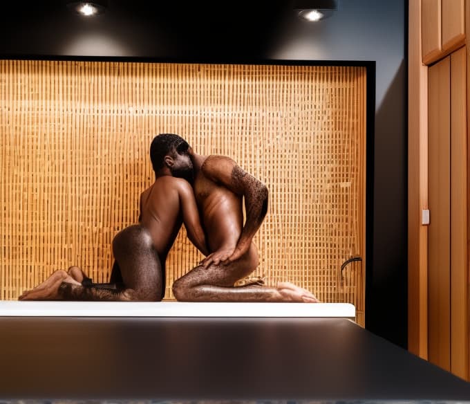  two black guys having sex in a luxury modern kitchen