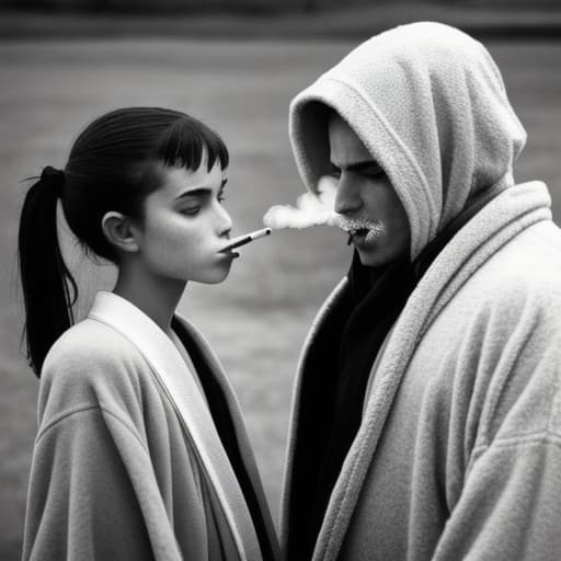  man smoking against girl wearing a robe without anything else