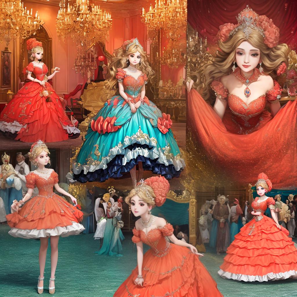  masterpiece, best quality,Extravagant coral colored princess ballgown adorned with pearls. The theme is festival of the sea.,