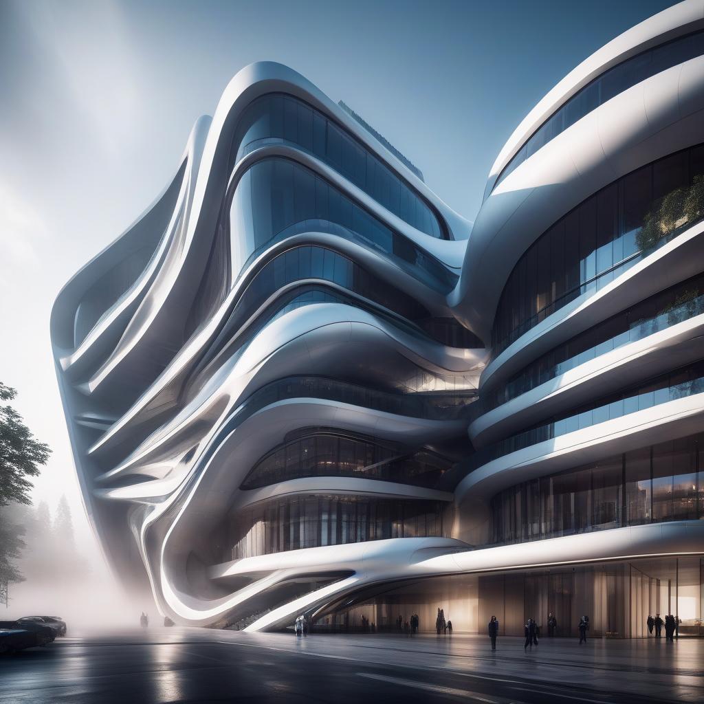  The building is futuristic in Zaha Hadid's style. hyperrealistic, full body, detailed clothing, highly detailed, cinematic lighting, stunningly beautiful, intricate, sharp focus, f/1. 8, 85mm, (centered image composition), (professionally color graded), ((bright soft diffused light)), volumetric fog, trending on instagram, trending on tumblr, HDR 4K, 8K