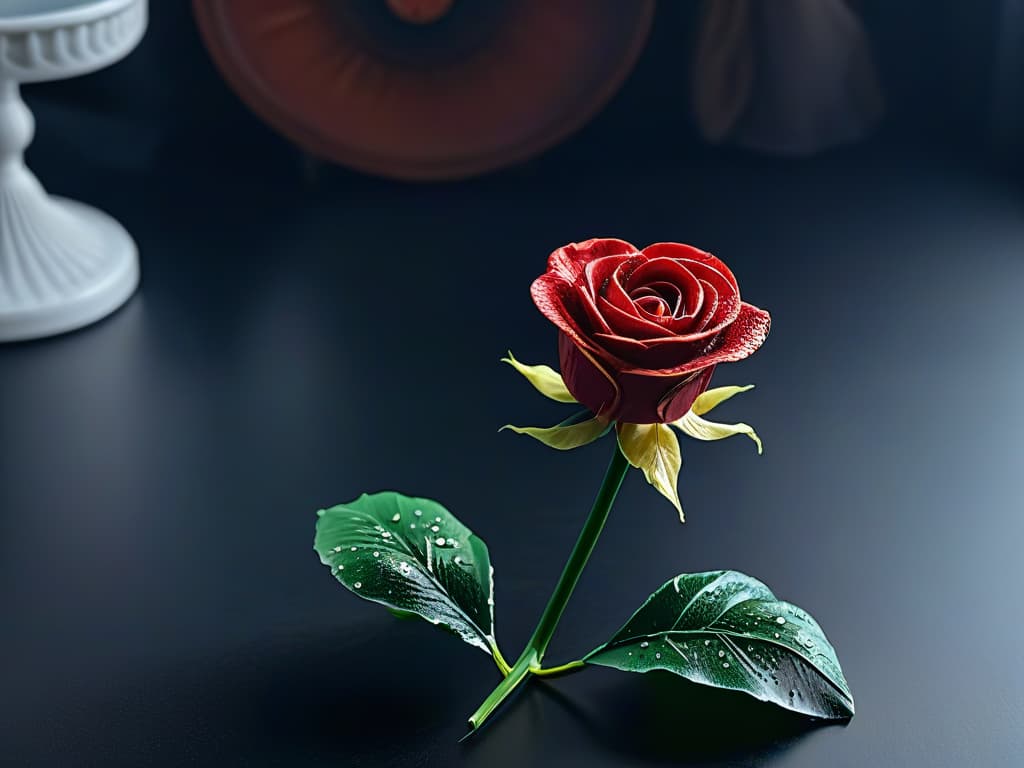  An intricate sugar sculpture of a blooming rose, delicately crafted with layers of translucent petals that catch the light, set against a dark background to enhance its intricate details. The rose appears almost lifelike, with dewdrops made of sugar glistening on its petals, showcasing the skill and artistry of sugar sculpting in pastry decoration. hyperrealistic, full body, detailed clothing, highly detailed, cinematic lighting, stunningly beautiful, intricate, sharp focus, f/1. 8, 85mm, (centered image composition), (professionally color graded), ((bright soft diffused light)), volumetric fog, trending on instagram, trending on tumblr, HDR 4K, 8K