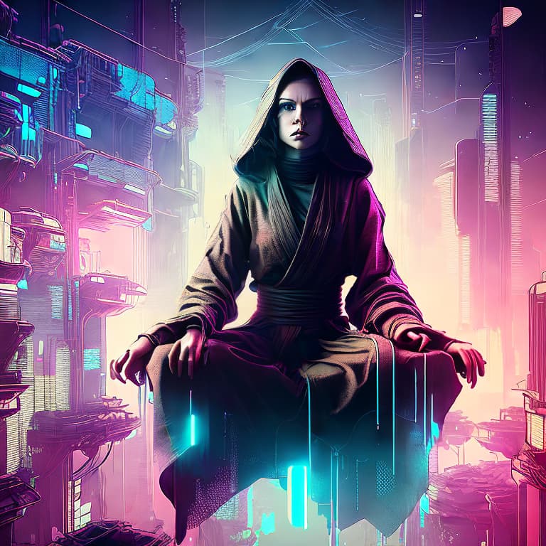nvinkpunk ,A sophisticated and enigmatic female Jedi master levitating Octane render, Vray, 8k, 32k, masterpiece