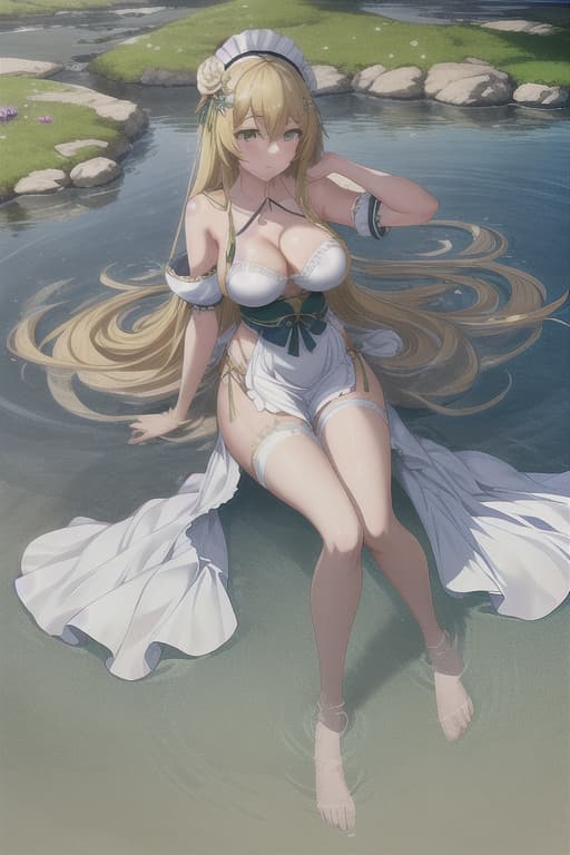  (score 9,score 8 up,score 7 up,),1girl,solo,maid,maid headdress,looking at viewer,outdoor,lake,apron,blonde hair,indoors,green eyes,bare foot,two feet in the water lotus flower hyperrealistic, full body, detailed clothing, highly detailed, cinematic lighting, stunningly beautiful, intricate, sharp focus, f/1. 8, 85mm, (centered image composition), (professionally color graded), ((bright soft diffused light)), volumetric fog, trending on instagram, trending on tumblr, HDR 4K, 8K