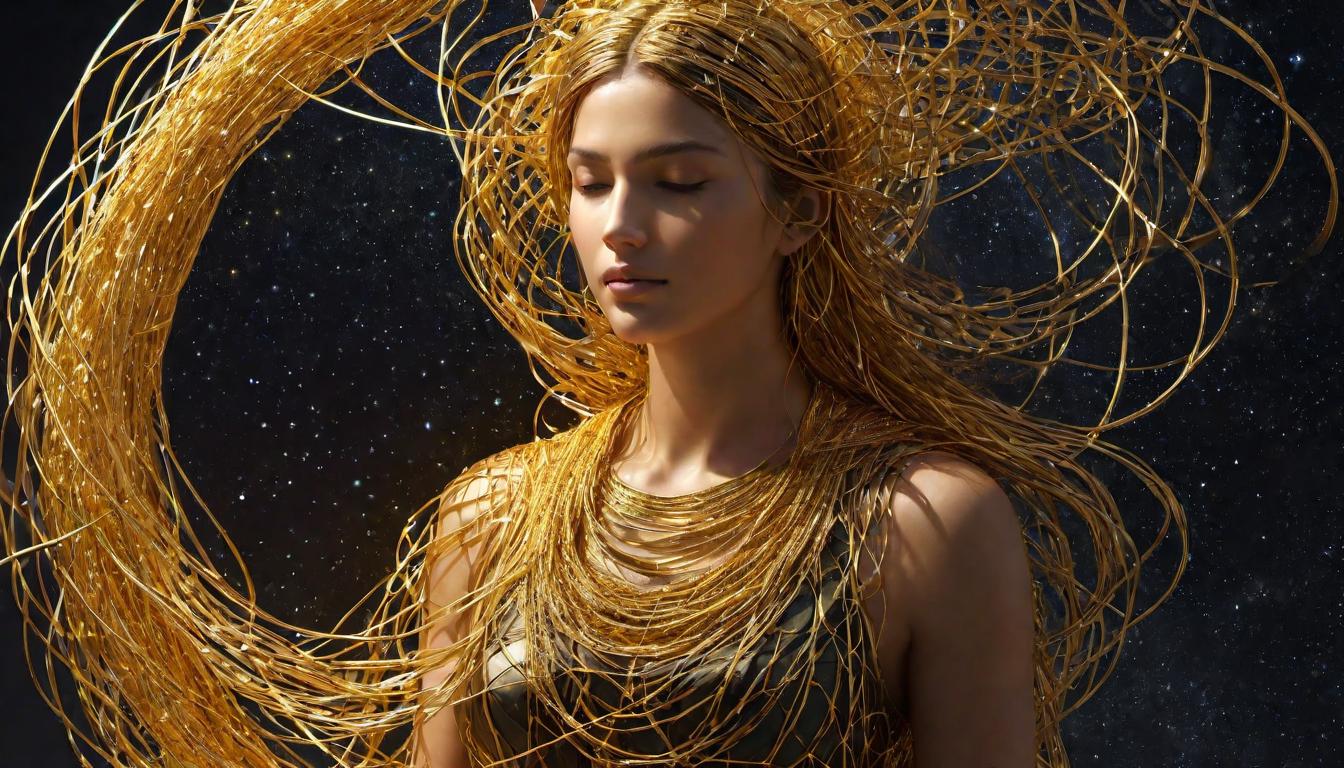  digital illustration, Human figure surrounded by interconnected golden threads, illuminating the body and extending into surrounding space, threads representing connections, unity, enlightenment, interwoven, luminescent, looking at viewer, dynamic pose, (intricate details, masterpiece, best quality)