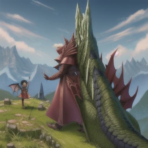  Big dragons on a hill and fantasy with a small girl standing