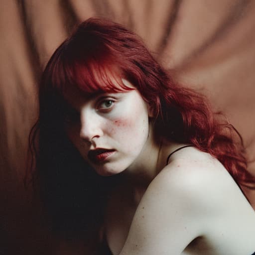 analog style photorealistic, ultra high resolution photo of cute young goth female topless, red black red hair, bangs, the name Keith written on her body in red ink, toned body, clear, sharp focus, symmetrical facial features, 4k uhd, real life person