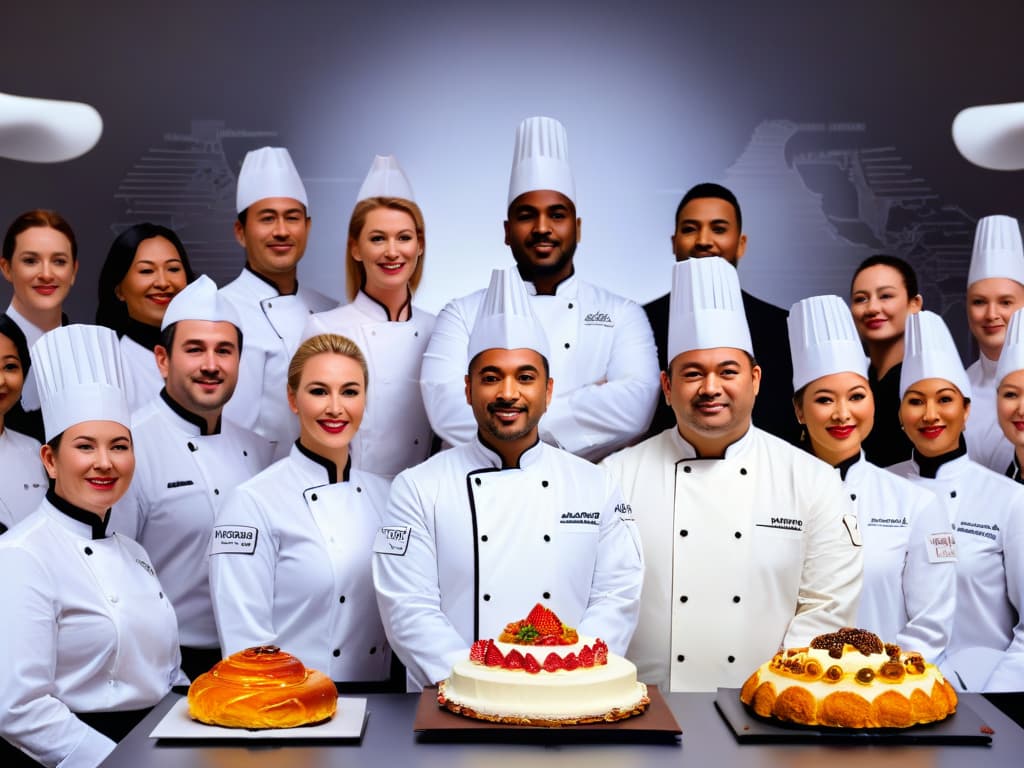  An ultradetailed illustration of a diverse group of pastry chefs from around the world, each wearing their traditional chef attire and holding a signature dessert creation. The chefs are standing in a row, with a backdrop of a global map subtly integrated into the design. Each chef is meticulously depicted with unique facial features and culinary tools, showcasing the diversity and expertise that comes with obtaining a certification from renowned pastry chefs. hyperrealistic, full body, detailed clothing, highly detailed, cinematic lighting, stunningly beautiful, intricate, sharp focus, f/1. 8, 85mm, (centered image composition), (professionally color graded), ((bright soft diffused light)), volumetric fog, trending on instagram, trending on tumblr, HDR 4K, 8K