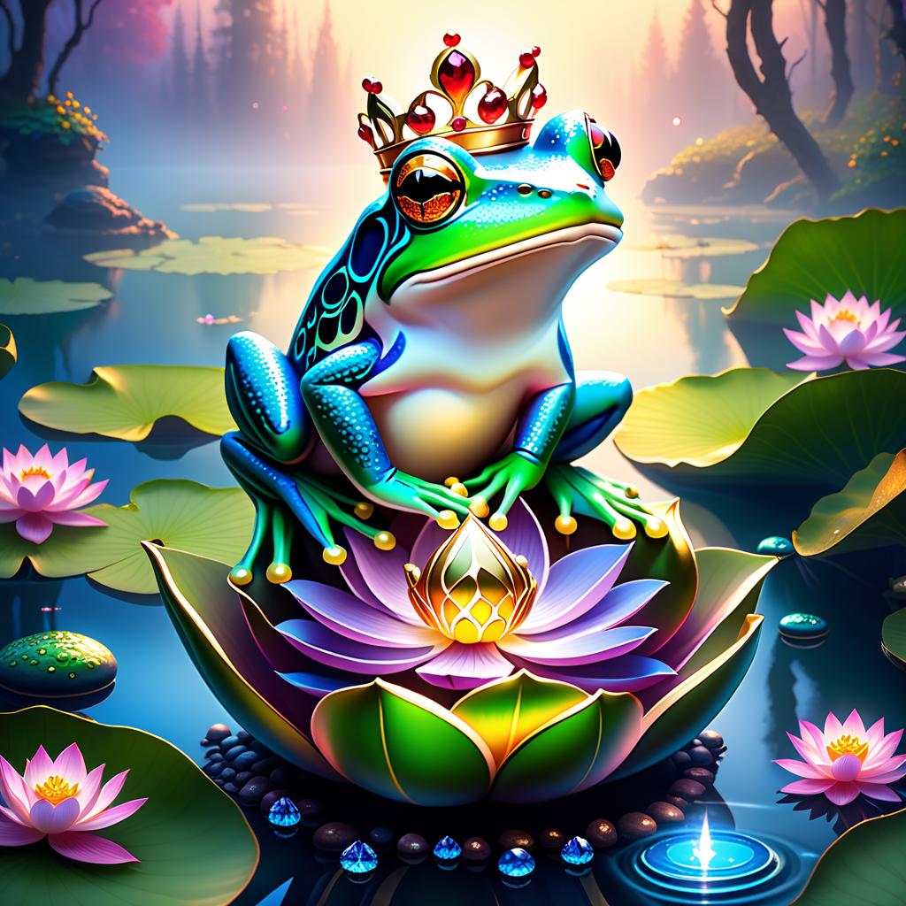  ethereal fantasy concept art of (Background): a lake with blooming lotuses of different shades: from white pink to bright crimson and leaves of tender green colour. The sky above the lake of dark blue colour with golden stars scattered on it. (Fantasy Princess Frog): in the centre of the lake on the biggest lotus flower sits a charming frog in a golden crown decorated with blue and blue precious stones. In his paws he holds a ring decorated with blue stones. Style: fantasy, Russian fairy tales, illustrations. . magnificent, celestial, ethereal, painterly, epic, majestic, magical, fantasy art, cover art, dreamy hyperrealistic, full body, detailed clothing, highly detailed, cinematic lighting, stunningly beautiful, intricate, sharp focus, f/1. 8, 85mm, (centered image composition), (professionally color graded), ((bright soft diffused light)), volumetric fog, trending on instagram, trending on tumblr, HDR 4K, 8K