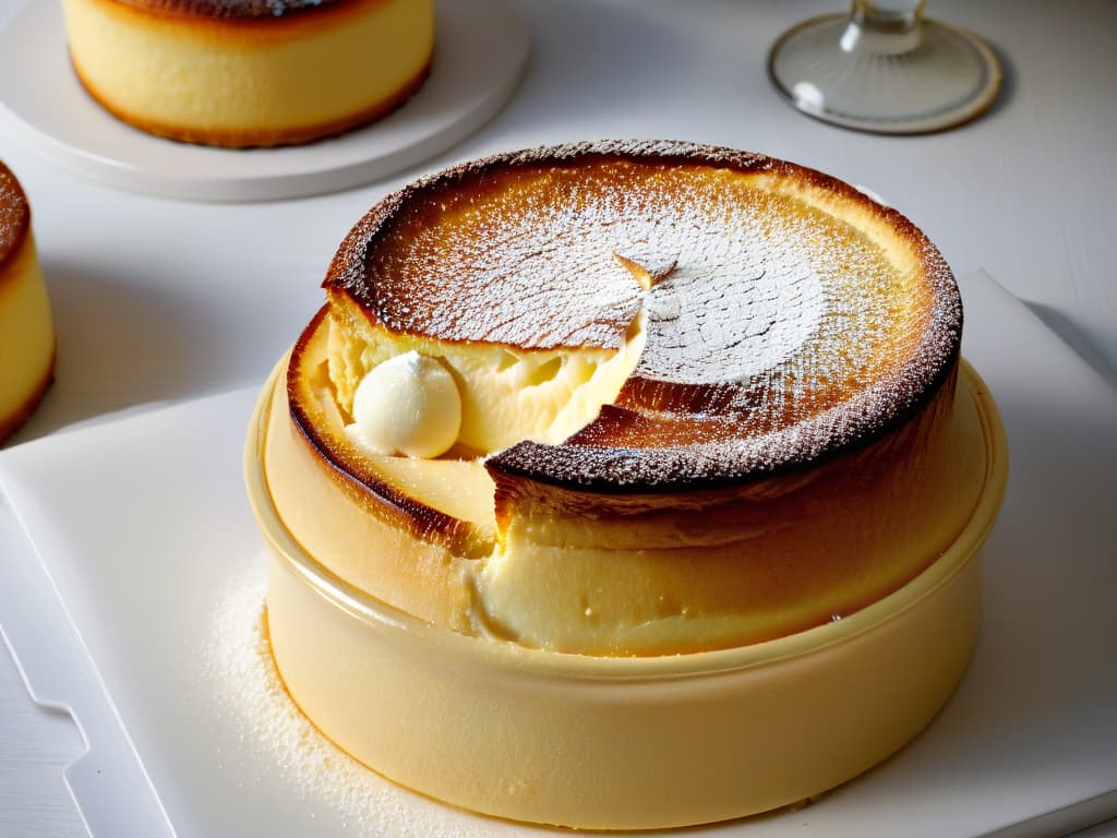  A closeup, ultradetailed image of a perfectly risen and goldenbrown cheese soufflé, showcasing its airy texture and intricate structure. The light hits the top of the soufflé revealing a delicate crust, while the sides of the dish exhibit a slight overflow, emphasizing its homemade charm. Each bubble in the soufflé's interior is visible, creating a mesmerizing pattern of light and shadows that highlights its fluffy and ethereal nature. The contrast between the crispy exterior and the soft interior adds depth to the image, inviting viewers to appreciate the complexity behind the seemingly simple dish. hyperrealistic, full body, detailed clothing, highly detailed, cinematic lighting, stunningly beautiful, intricate, sharp focus, f/1. 8, 85mm, (centered image composition), (professionally color graded), ((bright soft diffused light)), volumetric fog, trending on instagram, trending on tumblr, HDR 4K, 8K