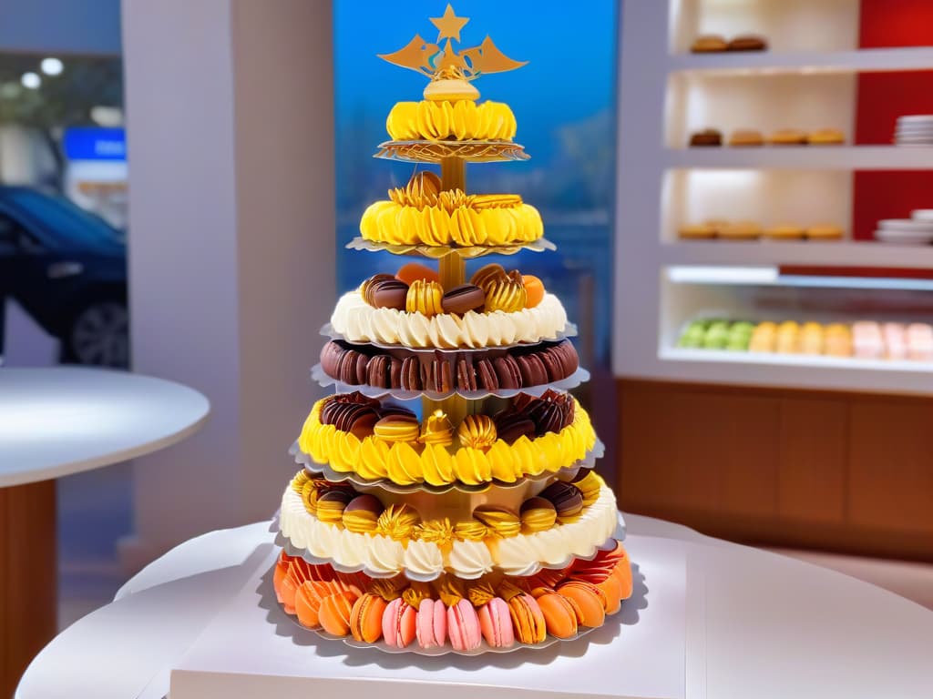  A closeup, photorealistic image of a beautifully decorated macaron tower showcasing a variety of international flavors and designs. Each delicate macaron is intricately detailed with vibrant colors and intricate patterns representing different countries around the world. The tower is elegantly displayed on a tiered stand, with soft ambient lighting enhancing the glossy sheen of the macarons, creating a visually captivating and mouthwatering scene that perfectly complements the theme of international pastry workshops. hyperrealistic, full body, detailed clothing, highly detailed, cinematic lighting, stunningly beautiful, intricate, sharp focus, f/1. 8, 85mm, (centered image composition), (professionally color graded), ((bright soft diffused light)), volumetric fog, trending on instagram, trending on tumblr, HDR 4K, 8K