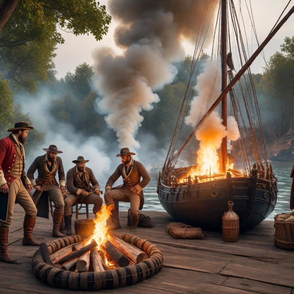  the crew of the stucked sailing ship start make a smoky fire with old clothes and peices of wood inordet to the other far away ship notice them., ((Video Game)) hyperrealistic, full body, detailed clothing, highly detailed, cinematic lighting, stunningly beautiful, intricate, sharp focus, f/1. 8, 85mm, (centered image composition), (professionally color graded), ((bright soft diffused light)), volumetric fog, trending on instagram, trending on tumblr, HDR 4K, 8K