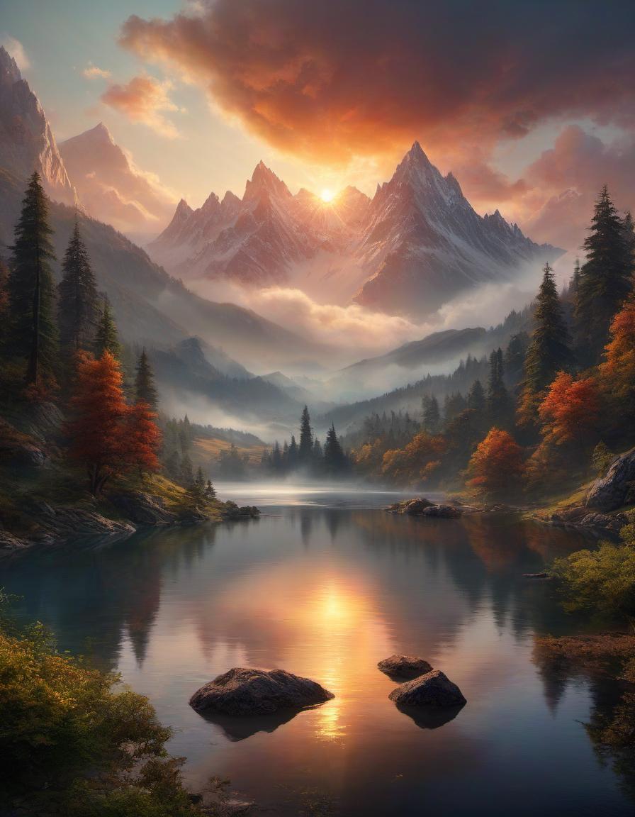  fairy tale digital painting of a beautiful mountain landscape, lake, forest, sunset, cloudy . magical, fantastical, enchanting, storybook style, highly detailed hyperrealistic, full body, detailed clothing, highly detailed, cinematic lighting, stunningly beautiful, intricate, sharp focus, f/1. 8, 85mm, (centered image composition), (professionally color graded), ((bright soft diffused light)), volumetric fog, trending on instagram, trending on tumblr, HDR 4K, 8K