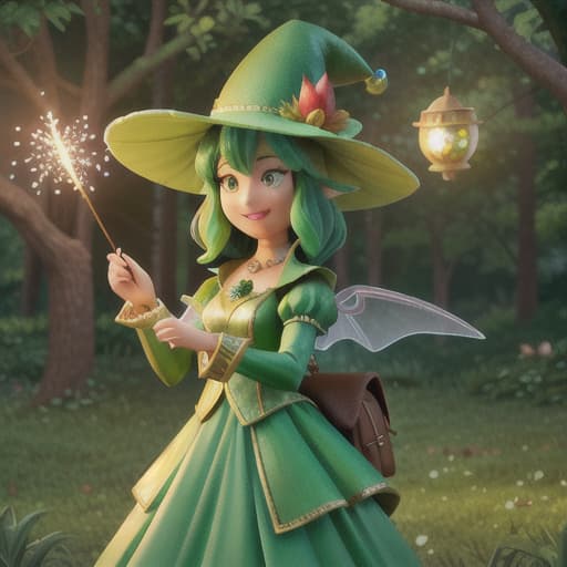  "Generate a lively and imaginative image reflecting a scene from a fairytale. An endearing green fairy, dressed in sparkling emerald attire, with small luminescent wings, is casting a magical spectacle of fireworks that glisten like stars. Set against the canopy of a dense forest with shimmering fireflies, the scene also captures a typical fantasy-like dragon and a monkey with a green hat, both awestruck by the magical display. Some glowing apples hang from a nearby apple tree, serving as a refreshment for the enchanting midnight feast. The fireworks reflect on their excited faces, as their silhouettes lay on the grassy meadow, signaling the end of an adventurous day. Incorporate an art style that is rich in color, stimulates imagination, a hyperrealistic, full body, detailed clothing, highly detailed, cinematic lighting, stunningly beautiful, intricate, sharp focus, f/1. 8, 85mm, (centered image composition), (professionally color graded), ((bright soft diffused light)), volumetric fog, trending on instagram, trending on tumblr, HDR 4K, 8K