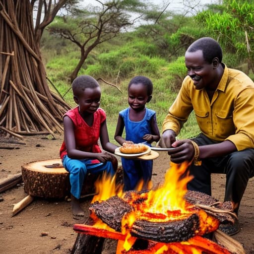  African family cooking food on fire wood